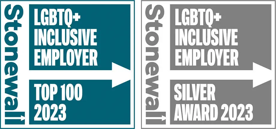 Stonewall Top 100 and Silver award logos for 2023